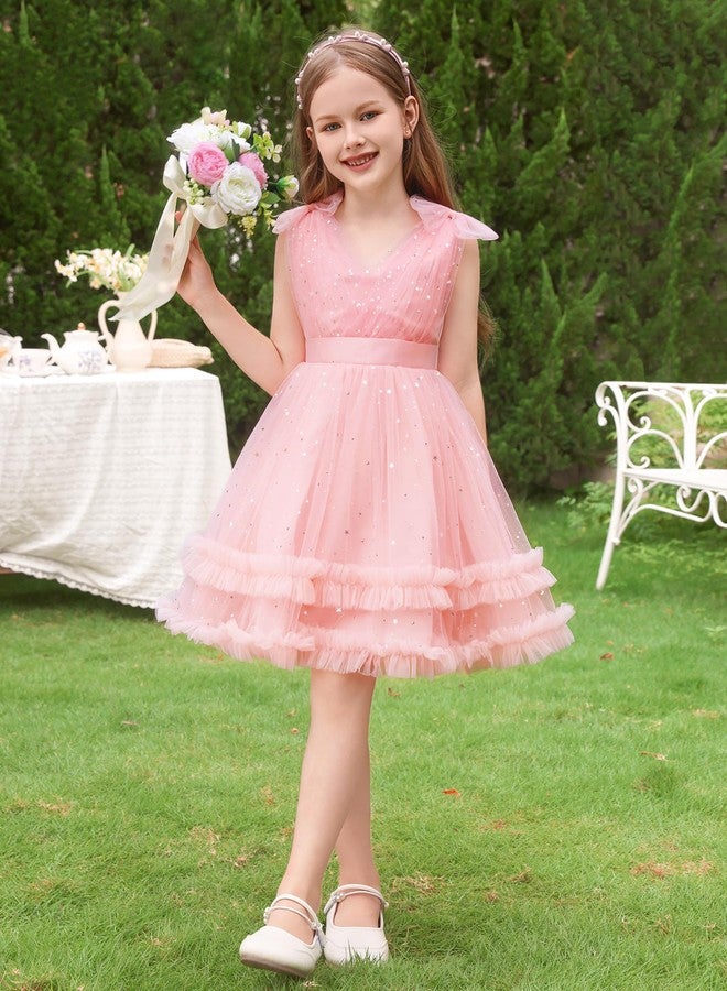 ODOLDI Kids Girls Sequins Dress Sleeveless Star Sequins Ruffle Tulle Tutu Dress Ball Gown Wedding Flower Girl Pink 5-6 Years - Image 3