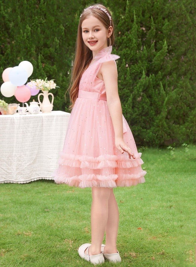 ODOLDI Kids Girls Sequins Dress Sleeveless Star Sequins Ruffle Tulle Tutu Dress Ball Gown Wedding Flower Girl Pink 5-6 Years - Image 5