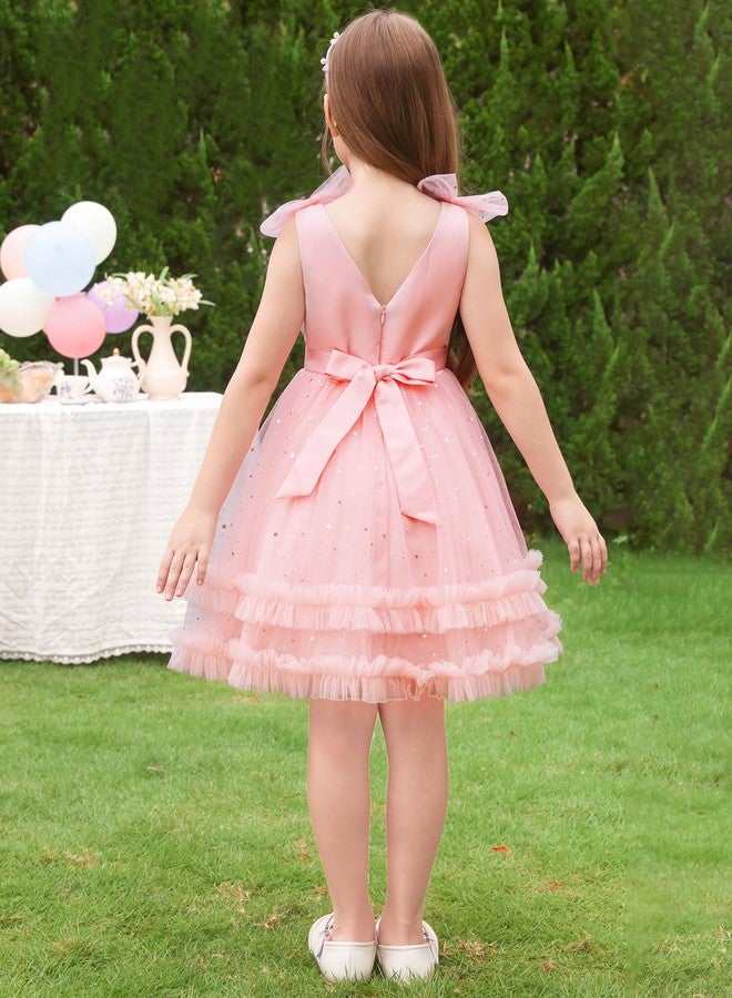ODOLDI Kids Girls Sequins Dress Sleeveless Star Sequins Ruffle Tulle Tutu Dress Ball Gown Wedding Flower Girl Pink 5-6 Years - Image 4