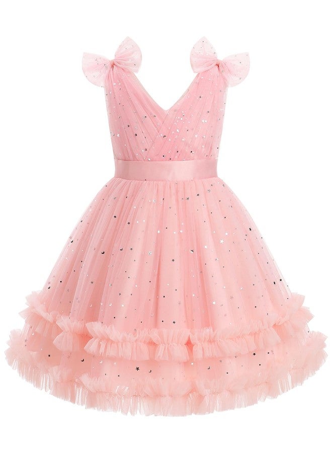 ODOLDI Kids Girls Sequins Dress Sleeveless Star Sequins Ruffle Tulle Tutu Dress Ball Gown Wedding Flower Girl Pink 5-6 Years - Image 1