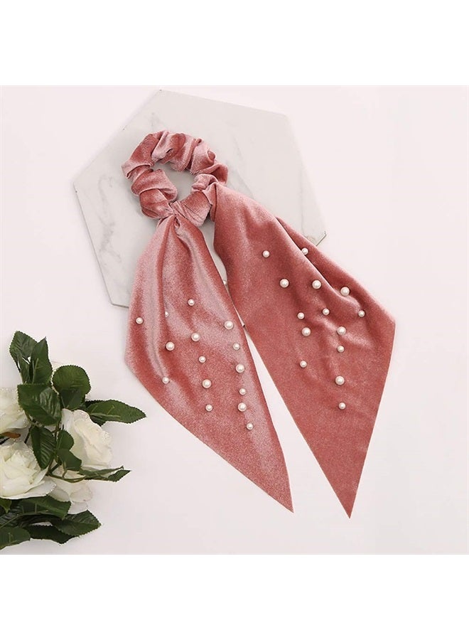 DINPREY 5 Pcs Velvet Scarf Hair Scrunchies Silk Ribbon Bow Scrunchies Super Soft Velvet Hair Ties Bowknot Scrunchies Bowknot Elegant Elastic Hair Bands Ponytail Holder (5 Packs A) - Image 5