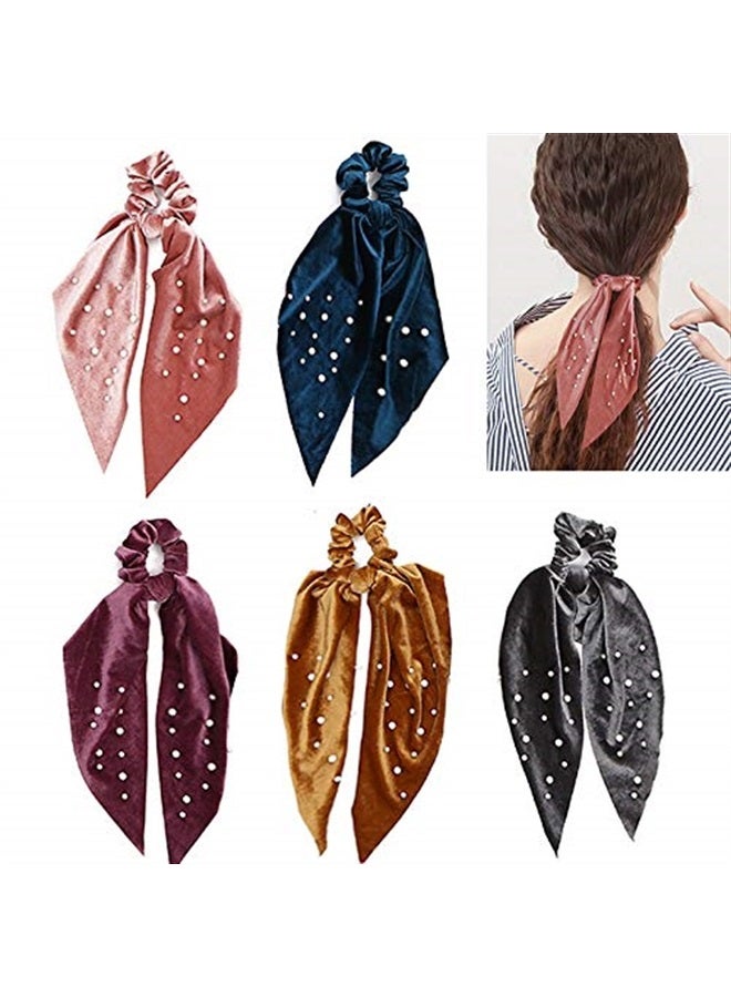 DINPREY 5 Pcs Velvet Scarf Hair Scrunchies Silk Ribbon Bow Scrunchies Super Soft Velvet Hair Ties Bowknot Scrunchies Bowknot Elegant Elastic Hair Bands Ponytail Holder (5 Packs A) - Image 1