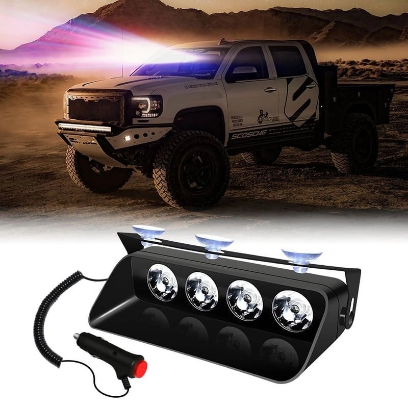 AutoBizarre 12V Car Dash Emergency Warning Strobe Red Blue Flasher Windshield Sucker LED light With Multiple Flashing Modes For All Cars, Emergency Vehicles, etc. (4 LED Red Blue) - Image 1