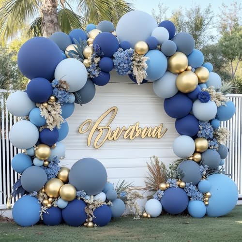 Blocesa Dusty Blue Gold Balloons Arch Kit Double Stuffed Pastel Balloon Arch Pastel Light Dark Denim Pale Blue Balloons With Blue Gold Balloons for Birthday Wedding Graduation Party Decorations - Image 1