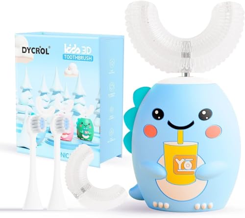 DYCROL Kids U Shaped Electric Toothbrush with 4 Brush Heads, Sonic Toothbrush Kids with 5 Modes, Cartoon Dinosaur 360-Degree Cleaning IPX7 Waterproof Design (6-12 Age (Blue)) - Image 2