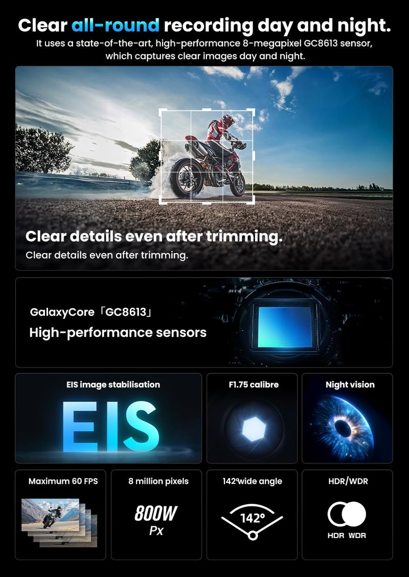 AKEEYO-710Pro EIS Motorcycle Camera, 4K28FPS 20MP WiFi Dash Cam, IP66 Ultra HD Waterproof Motorcycle Helmet Camera, 142Â° Wide Angle View Night Vision with 64GB Card, G-Sensor, Parking Mode - Image 2
