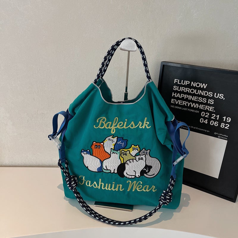 Japanese-Style Casual Tote Bag For Women, Canvas Bag, Ins Embroidery, Handheld, Fresh Cartoon Shoulder Bag, Versatile Three-Dimensional