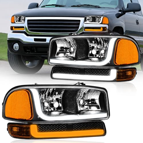 Fullux LED DRL Headlights Assembly fit 1999-2007 GMC Sierra/2000-2006 Yukon XL 1500 2500 No Denali Models Replacements Black Housing Amber Reflector - Image 1