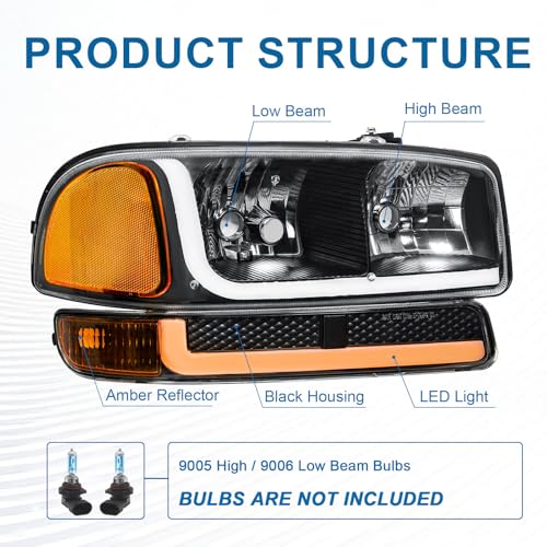 Fullux LED DRL Headlights Assembly fit 1999-2007 GMC Sierra/2000-2006 Yukon XL 1500 2500 No Denali Models Replacements Black Housing Amber Reflector - Image 3