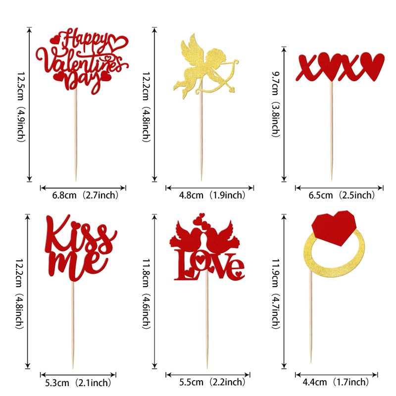YCTHUNFISH 24 Pack Happy Valentine 's Day Cupcake Toppers Glitter Cupid Ring Sweet Love Kiss Me Cupcake Picks for Valentine 's Day Theme Wedding Bridal Shower Birthday Party Cake Decorations Supplies Red  - Image 1