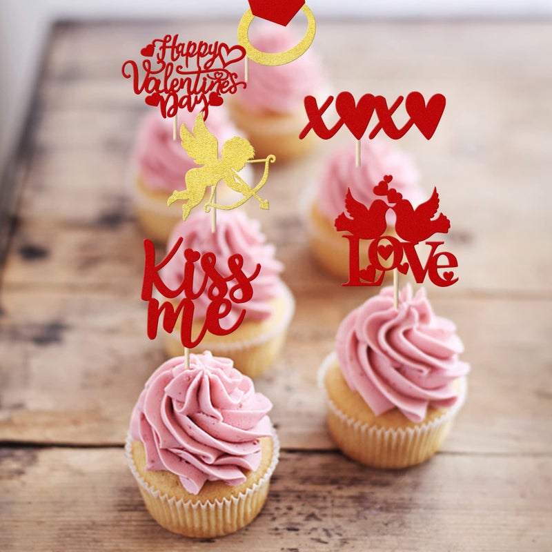 YCTHUNFISH 24 Pack Happy Valentine 's Day Cupcake Toppers Glitter Cupid Ring Sweet Love Kiss Me Cupcake Picks for Valentine 's Day Theme Wedding Bridal Shower Birthday Party Cake Decorations Supplies Red  - Image 3