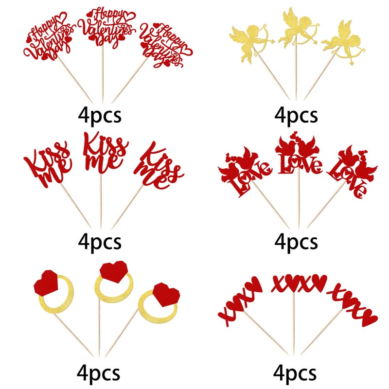 YCTHUNFISH 24 Pack Happy Valentine 's Day Cupcake Toppers Glitter Cupid Ring Sweet Love Kiss Me Cupcake Picks for Valentine 's Day Theme Wedding Bridal Shower Birthday Party Cake Decorations Supplies Red  - Image 2