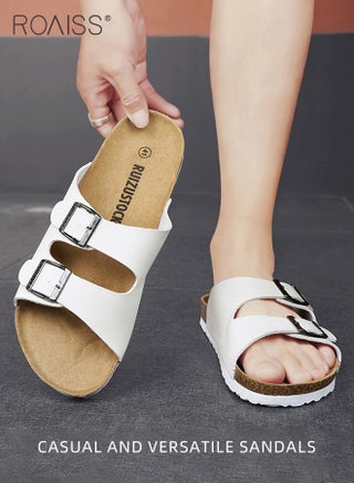 Fashionable and Versatile Open-Toe Slippers for Men Daily Commuting Beach Casual Cork Sole Adjustable Slippers Soft and Thick Sole Flats for Out Wear for Couples Button Classic Colors - view 4