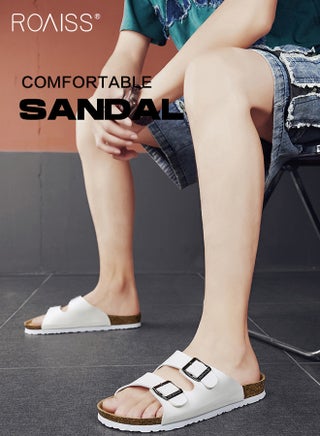 Fashionable and Versatile Open-Toe Slippers for Men Daily Commuting Beach Casual Cork Sole Adjustable Slippers Soft and Thick Sole Flats for Out Wear for Couples Button Classic Colors - view 2