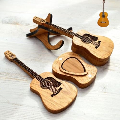 CHEVIXOR Wooden Guitar Pick Box With Stand,Guitar Pick Case With 3 Pcs Guitar Pick Holder,Acoustic Guitar pick Box Thin Guitar Picks - Image 3