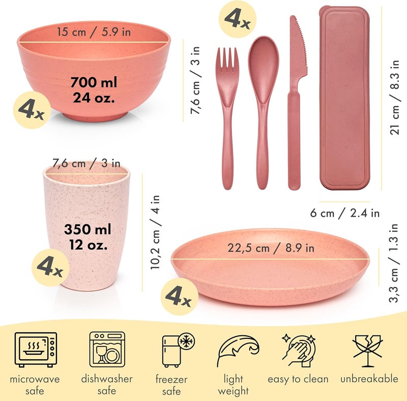 FOODLE طقم أدوات الطعام من فودل مصنوع من قش القمح خالي من BPA مختبر للسلامة غير قابل للكسر آمن للاستخدام في الميكروويف وغسالة الصحون للأطباق والأوعية للأطفال والرضع أساسي في غرف النوم الجامعية للفتيات لعدد 4 - Image 2