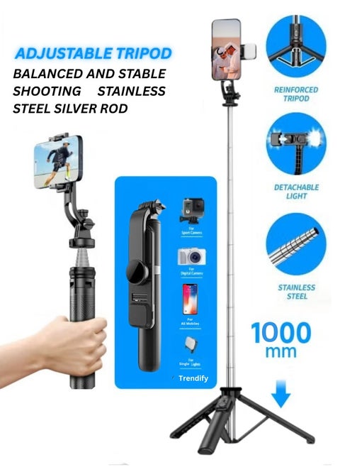 Selfie Stick Tripod with Light, 100cm Tripod with Wireless Remote, Portable Phone Holder, Phone Tripod for Tiktok Vlog Youtuber Live Video Record (Q07 Black)