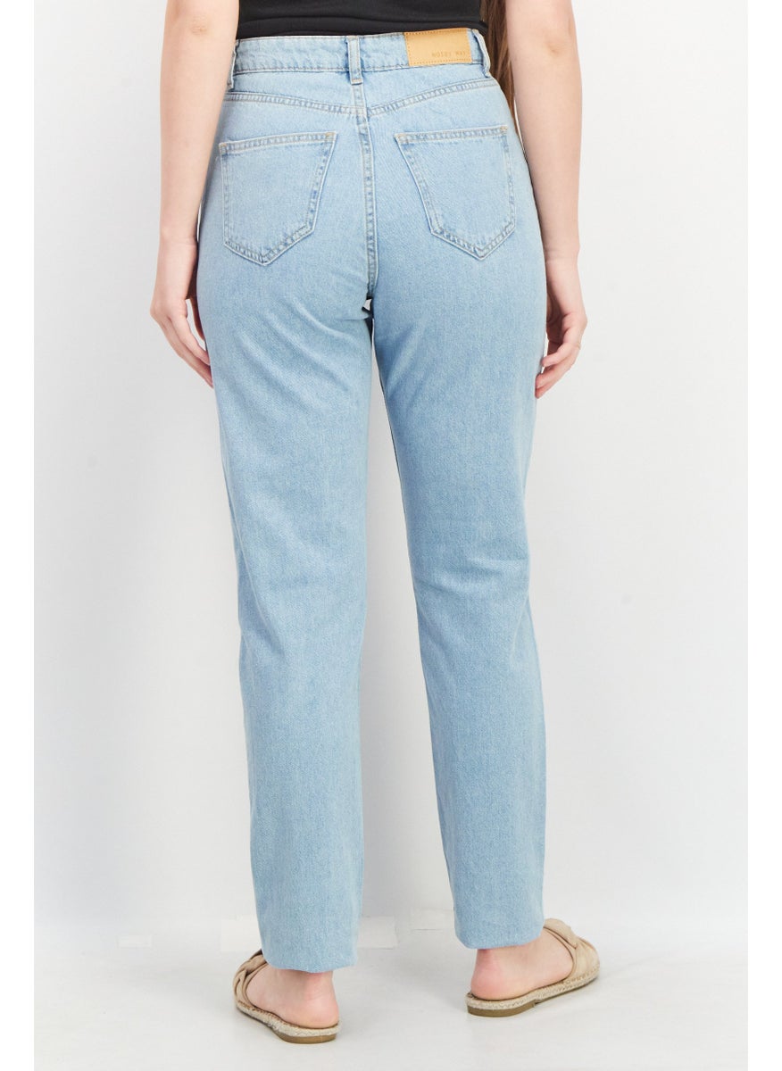 NOISY MAY Women Mom Fit Solid Non Stretchable Denim Jeans, Blue  - Image 3