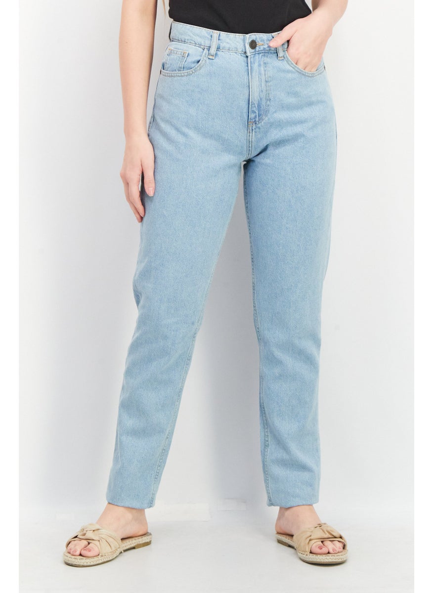 NOISY MAY Women Mom Fit Solid Non Stretchable Denim Jeans, Blue  - Image 1
