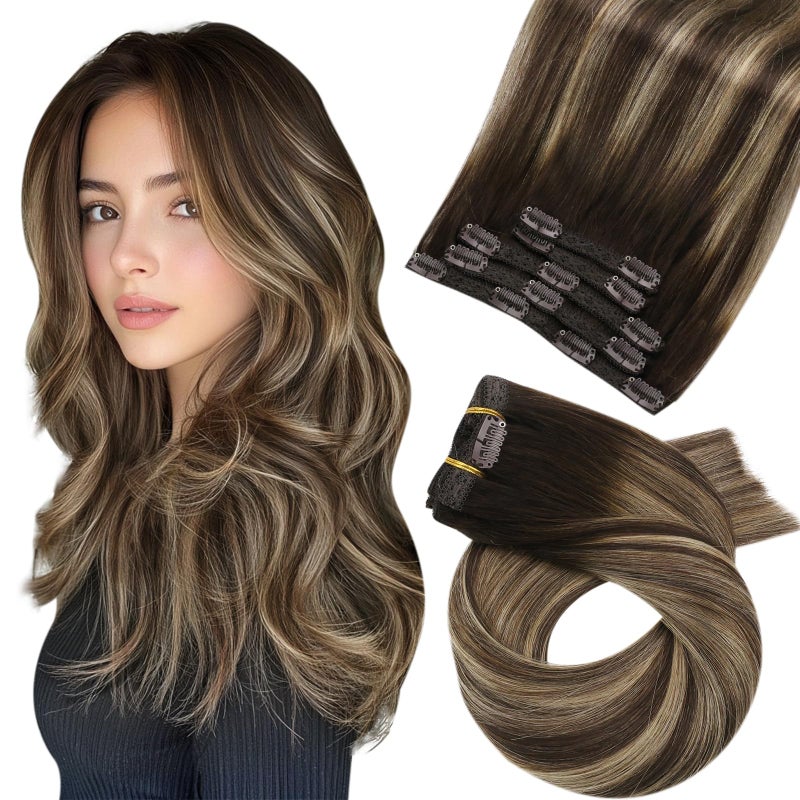 Moresoo Clip in Human Hair Extensions Balayage Remy Straight Clip in Hair Extensions Real Human Hair Ombre Dark Brown Mixed with Caramel Blonde Double Weft 5pcs80g 12inch