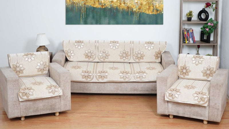 MORADO Chenille 5 Seater Sofa Set Slipcover for Living Room, Drawing Room and Offce (3 Sitting Sofa Cover + 1 Sitting Sofa Cover + 1 Sitting Sofa Cover) - Offwhite - Image 1