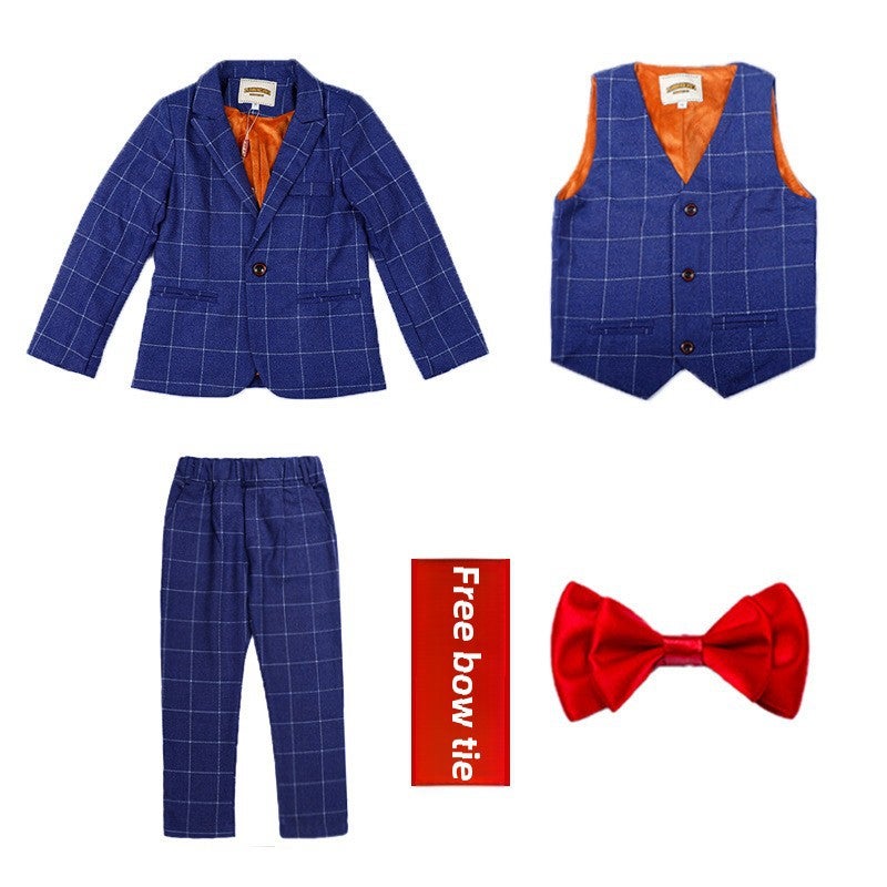 Kids Autumn Winter Plaid Suit Vest Set Fleece blue 3-piece set 