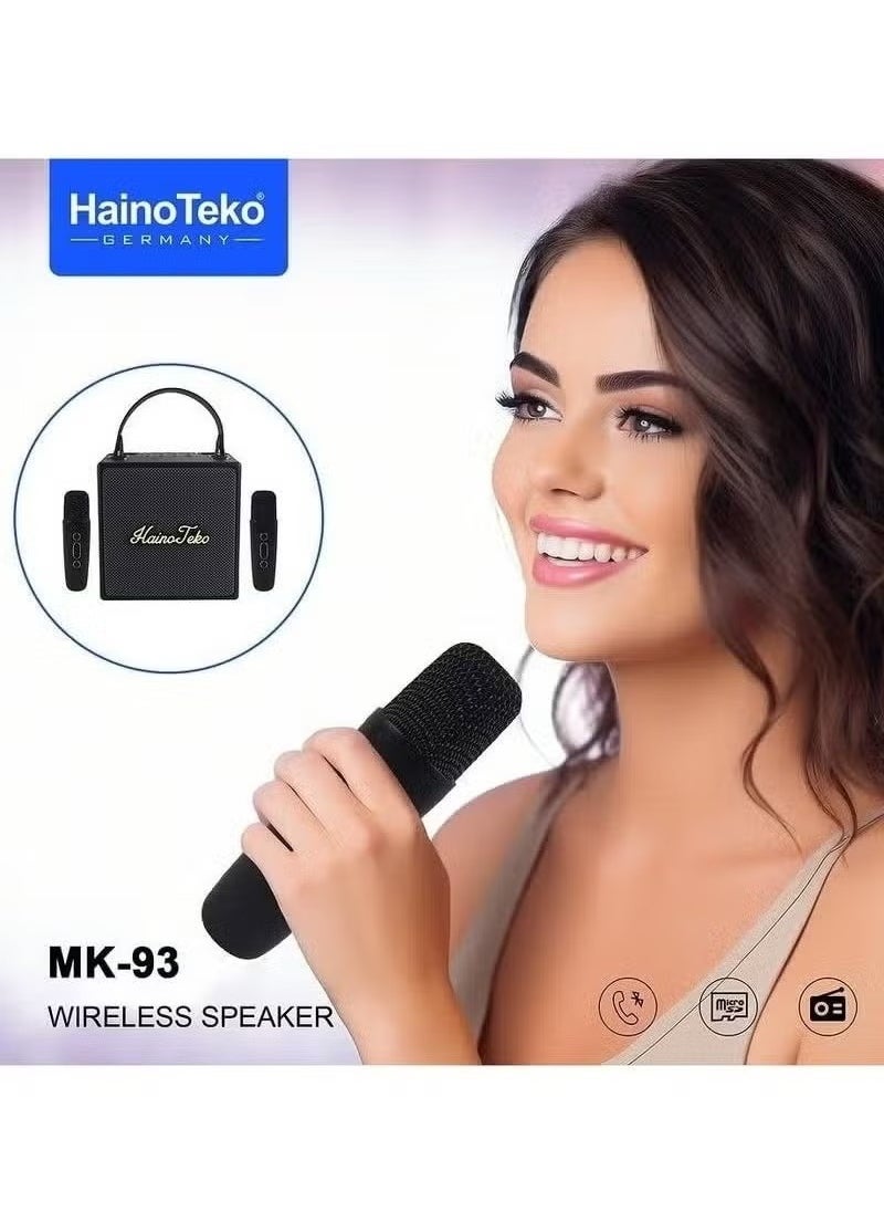 Haino Teko MK93 Splash-Proof Portable Bluetooth Speaker with 2 Wireless Microphones, High-Quality Sound, Waterproof Design, Karaoke Function – Perfect for Both Outdoor and Indoor Use  - Image 3