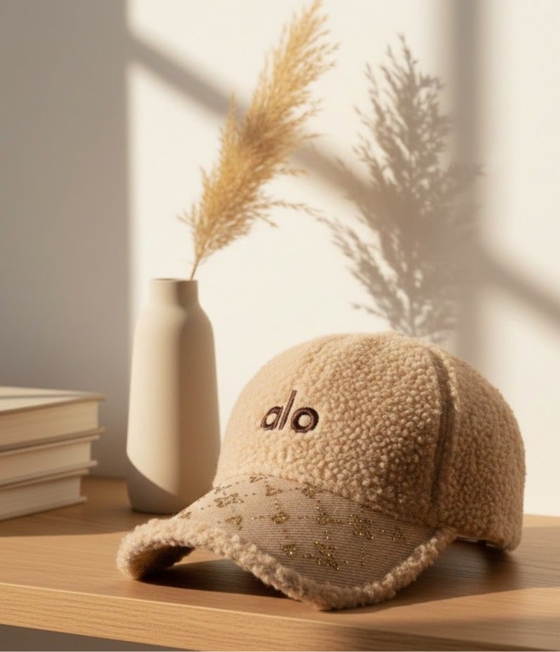 ألو كاب شتوي فرو ناعم للنساء بتصميم ALO عصري – لون بيج أنيق مع تطريز مميز – قبعة دافئة ومريحة للاستخدام اليومي والخروجات الشتوية - Image 4