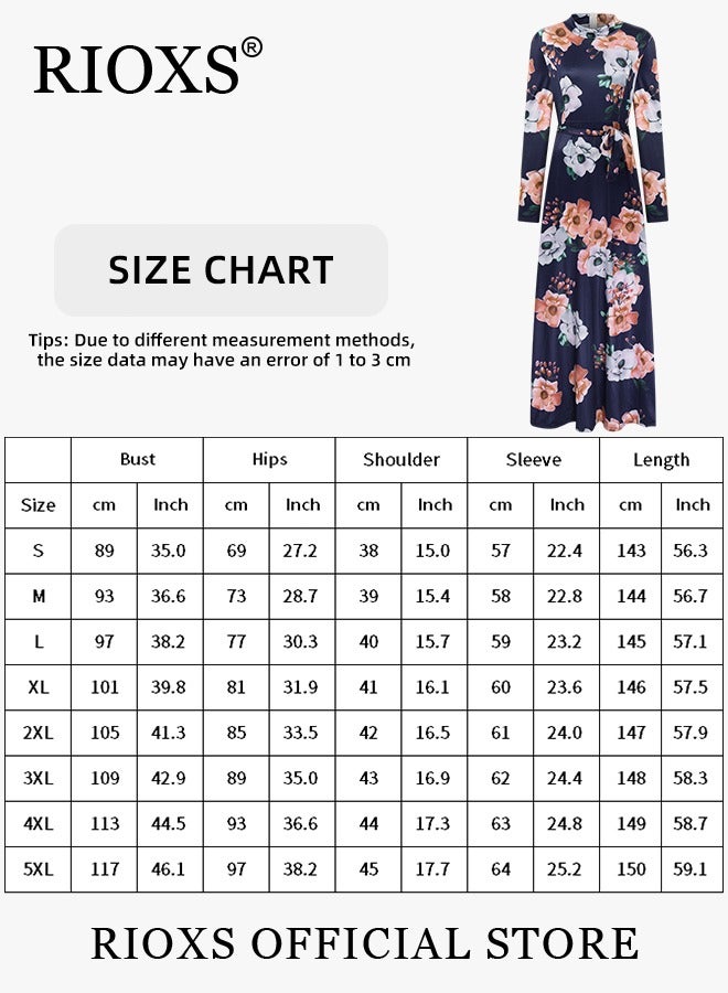 RIOXS Women's Elegant High Waist Maxi Dress, Round-neck Floral Long Dress, Long Sleeve Dress with Bow Design, Stylish Exquisite Evening Prom Dress, Perfect for Both Casual and Formal Occasions  - Image 2
