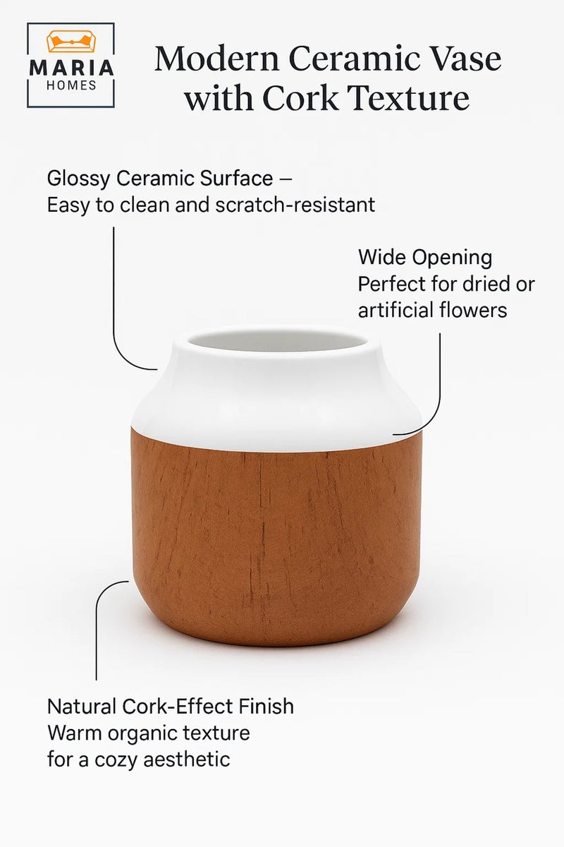 ماريا هومز مزهرية خزفية بتأثير الأبيض والفلين – أصيص زهور صغير حديث مزخرف بلمسة لامعة - Image 3