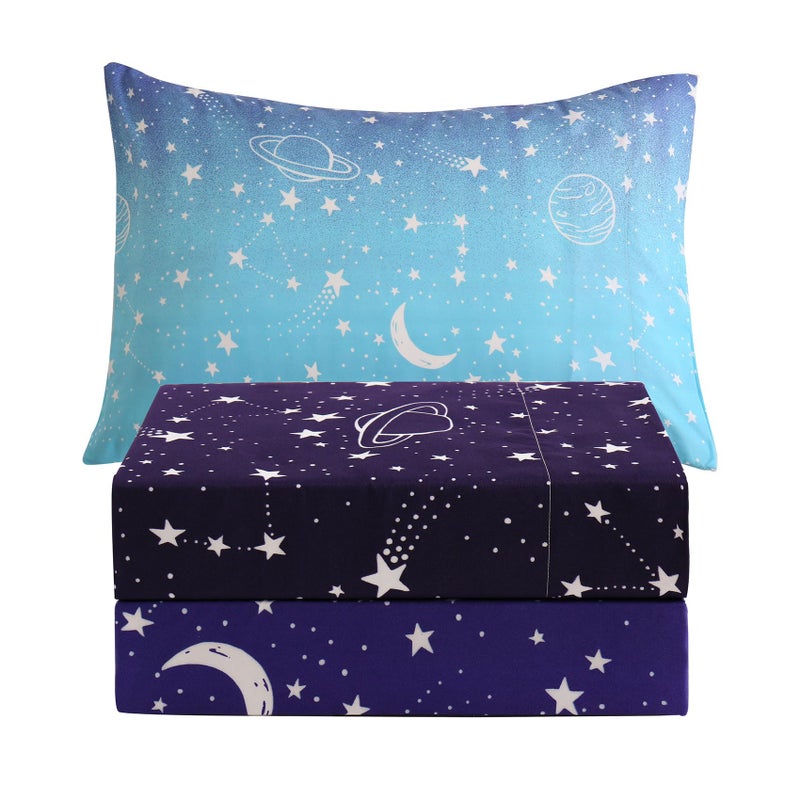 JSD Gradient Blue Moon Stars Kids Sheet Set Twin Size, 3 Piece Space Theme Microfiber Sheets Deep Pocket - Image 1