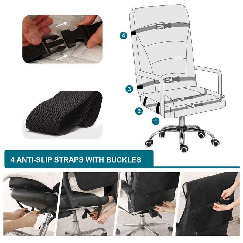Turquoize Waterproof Office Chair Cover with Armrest Covers Black Computer Desk Chair Cover Quilted Office Chair Protector with Arms Office Chair Seat Cover Slipcover with Anti-Slip Buckle, Black - Image 5