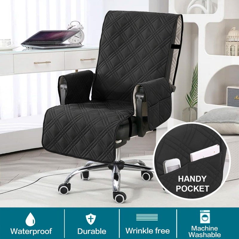Turquoize Waterproof Office Chair Cover with Armrest Covers Black Computer Desk Chair Cover Quilted Office Chair Protector with Arms Office Chair Seat Cover Slipcover with Anti-Slip Buckle, Black - Image 2