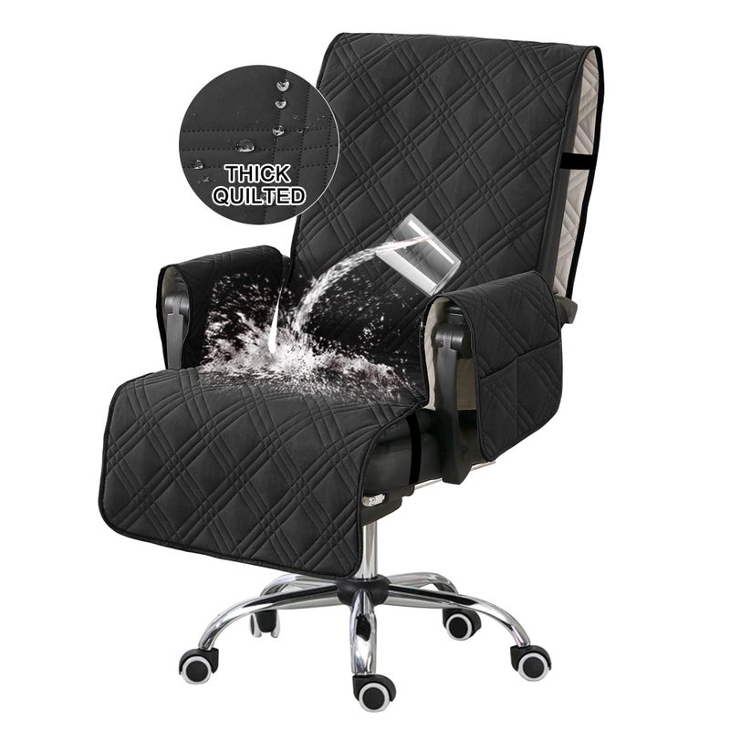 Turquoize Waterproof Office Chair Cover with Armrest Covers Black Computer Desk Chair Cover Quilted Office Chair Protector with Arms Office Chair Seat Cover Slipcover with Anti-Slip Buckle, Black - Image 1
