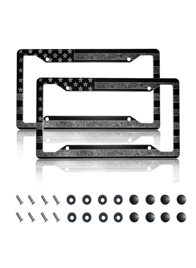 GACCAP License Plate Frame 2 Pack Front Rear Aluminum Metal Rust-Proof Universal Car Tag Frames Holder with 4 Holes Car Decor Accessory with Screws for Men Women - Black Grey American Flag - Image 1