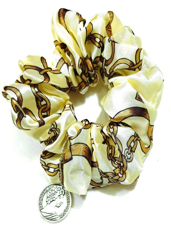 Fairytale Cream Fabric Chain Printed with Silver Hanging Scrunchie Hair Rubber Band for Women - Image 2