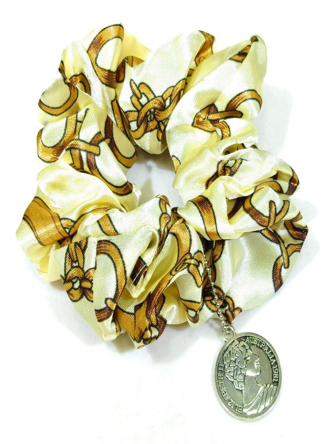 Fairytale Cream Fabric Chain Printed with Silver Hanging Scrunchie Hair Rubber Band for Women - Image 1