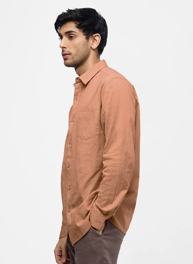 The Souled Store Men Coral Peach Solid Orange Regular Fit Cotton Linen Shirt