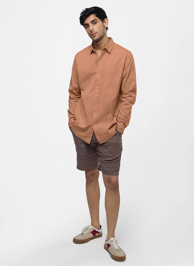 The Souled Store  The Souled Store Men Coral Peach Solid Orange Regular Fit Cotton Linen Shirt  | Best Price UAE