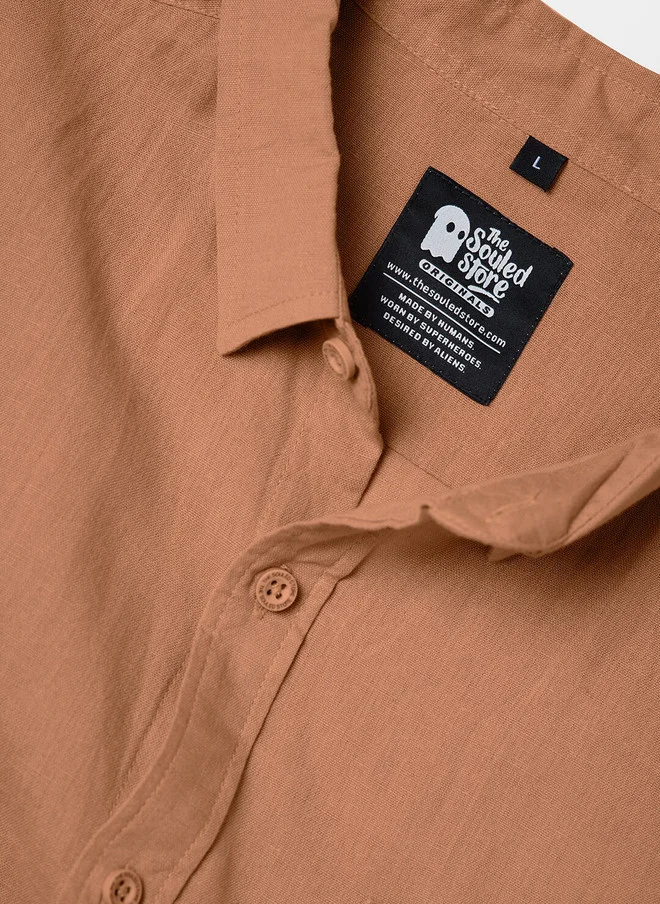 The Souled Store  The Souled Store Men Coral Peach Solid Orange Regular Fit Cotton Linen Shirt  | Best Price UAE