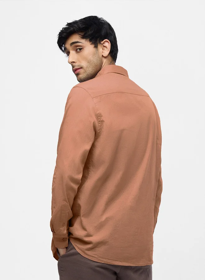 The Souled Store  The Souled Store Men Coral Peach Solid Orange Regular Fit Cotton Linen Shirt  | Best Price UAE