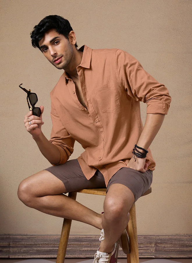 The Souled Store  The Souled Store Men Coral Peach Solid Orange Regular Fit Cotton Linen Shirt  | Best Price UAE