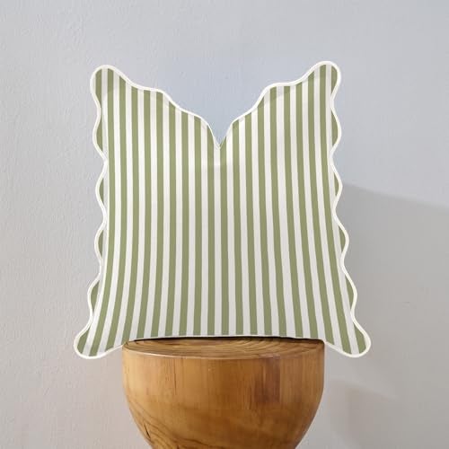 Mayler Yee Scalloped Throw Pillow Covers | Decorative Couch Pillows | Cute Stripe Pillow Cases | Boho Sytle for Living Room (Green & White, 20x20 Inch) - Image 2