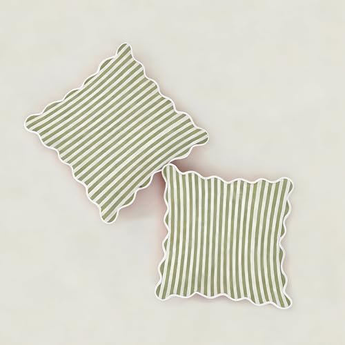 Mayler Yee Scalloped Throw Pillow Covers | Decorative Couch Pillows | Cute Stripe Pillow Cases | Boho Sytle for Living Room (Green & White, 20x20 Inch) - Image 1