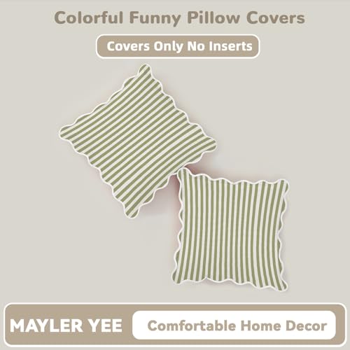 Mayler Yee Scalloped Throw Pillow Covers | Decorative Couch Pillows | Cute Stripe Pillow Cases | Boho Sytle for Living Room (Green & White, 20x20 Inch) - Image 5