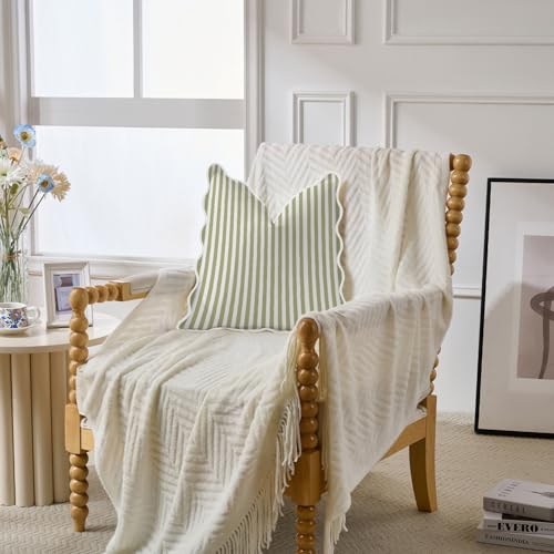 Mayler Yee Scalloped Throw Pillow Covers | Decorative Couch Pillows | Cute Stripe Pillow Cases | Boho Sytle for Living Room (Green & White, 20x20 Inch) - Image 3