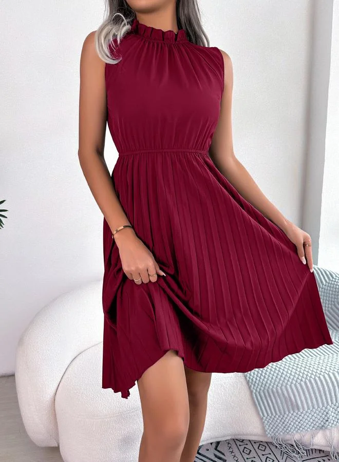 Take Two Burgundy Ruffle Neck Pleated Knee Length Dress