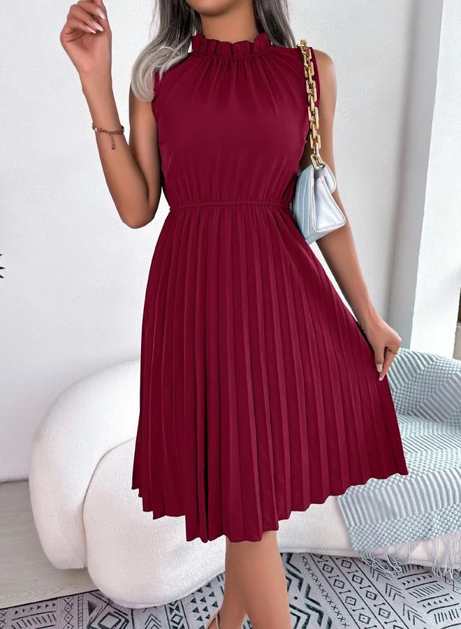Take Two Burgundy Ruffle Neck Pleated Knee Length Dress
