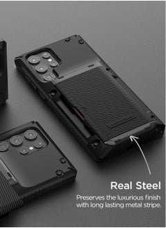 VRS Design Damda Glide Pro Case Cover Wallet with Semi Automatic Slider Card Holder Slot for Samsung Galaxy S22 ULTRA - Black Groove  - Image 3