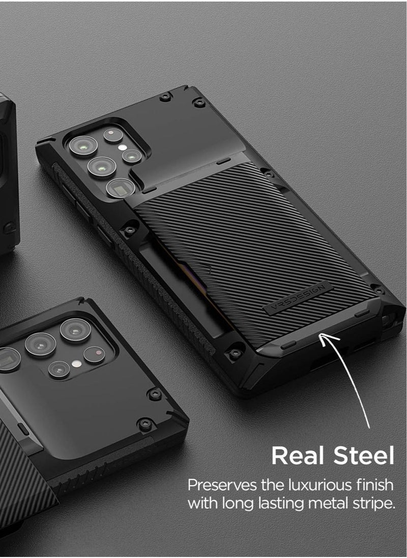 VRS Design Damda Glide Pro Case Cover Wallet with Semi Automatic Slider Card Holder Slot for Samsung Galaxy S22 ULTRA - Black Groove  - Image 3